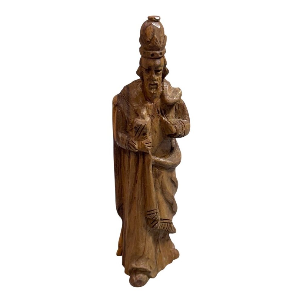 Hand-Carved Wooden Saint Figurine Religious Decor Detailed Craftsmanship Vintage